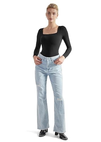 SUUKSESS Women Square Neck Long Sleeve Bodysuit Sexy Thong Bodysuit Shirts thumbnail 2