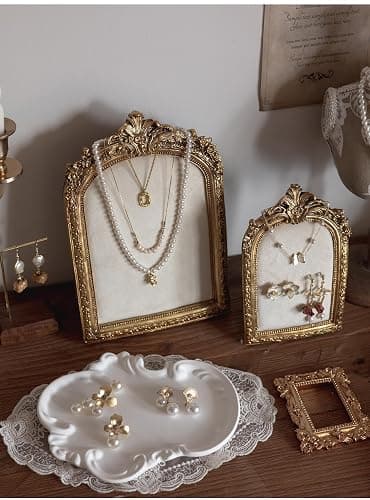 HSDDHOME Large Two-Piece Gold Resin Jewelry Display Stand, Vintage Photo Frame Earring Holder, Velvet Necklace Storage Box, Elegant Décor for Jewelry and Collectibles thumbnail 6