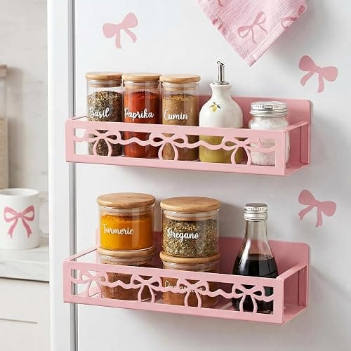 Beeveer 2 Pack Lace Bow Magnetic Spice Rack for Refrigerator Metal Magnet Basket Shelf for Fridge Seasoning Storage Organizers Home Decor Kitchen Accessories (Pink) - Image 1