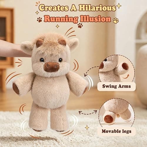 Highland Cow Running Plush, 16.5 Inch Interactive Stuffed Animal, Khaki | Soft PP cotton filling, movable legs, battery free running motion, 16.5 inch khaki Highland cow for cuddling and desk decor thumbnail 3