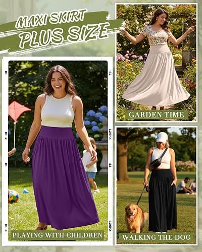 Ficerd 3 Pack Plus Size Maxi Skirts for Curvy Women Pockets Casual 2026 Boho Summer Flowy Long Skirt a Line High Waist Dress thumbnail 4