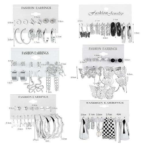 JMScape 37 Pairs Silver Hoop Earrings Set for Women Multipack Fashion Drop Dangle Earring Packs Pearl Studs Butterfly Earrings Hypoallergenic Chunky Hoops Jewelry for Valentine's Day Gifts thumbnail 6