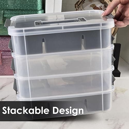 CraftGenes Craft Organizers and Storage, 4-Tier 10 Qt Box, 2 Trays, Grey | Clear Compartments; Dual Removable Inserts; Carry Handle; Side Latches; Beads, Ribbon, Stamps, Scrapbook Pieces, DIY Tools thumbnail 9