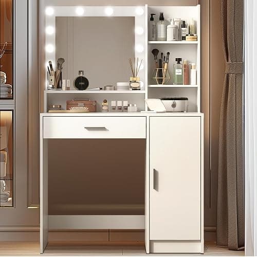 Palimder Vanity Desk with Mirror and Light, Large Drawer and Three Level Storage Dresser, 3 Lighting Modes Adjustable Brightness, Bedroom Dressing Table (White) thumbnail 8