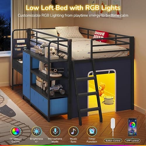 Low Loft Bed Twin Size with Desk, 6 Storage Drawers & Bookshelf, Kids Loft Bed with LED Lights & Under-Bed Play Space, Heavy Duty Metal Bed Frame with 13.8"H Safety Guardrail & Ladder, Blue and Black thumbnail 5