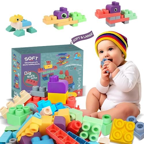 Lot de 46 blocs de construction souples STEM pour bébés de 6 mois et plus, cadeau éducatif en caoutchouc souple pour jeu sensoriel - Image 1