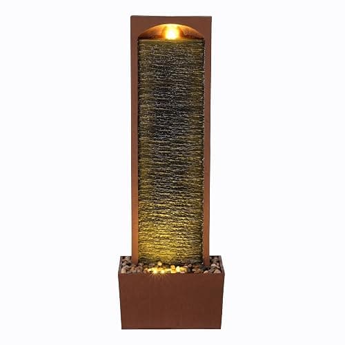 Teamson Home 38.5" Faux Slate Contemporary Outdoor LED Waterfall Fountain with Pebble Base, Red Rock - Image 1