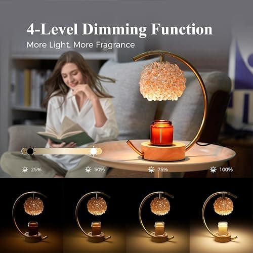 Yeuslor Gold Candle Warmer Lamp for Jar Candles with Adjustable Brightness＆Timer，Handcrafted Crystal＆Wooden Base, Luxurious Design,Home Decoration Electric Candle lamp(C-Shaped) - Gold thumbnail 4