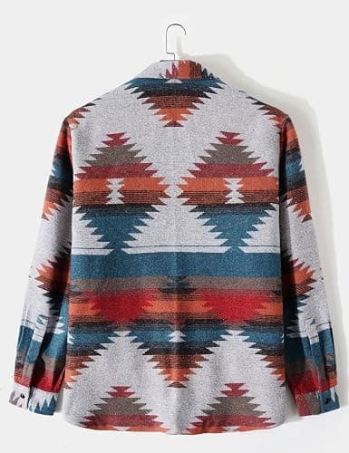 FindThy Men’s Brushed Flannel Shirts Ethnic Aztec Print Button Up Lapel Tribal Shirt Jacket Shacket thumbnail 3