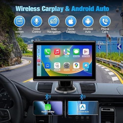 7" Portable Wireless CarPlay Screen for Car – Apple CarPlay & Android Auto, HD Touch Screen Car Stereo, Bluetooth, GPS Navigation, Voice Control, Plug-and-Play with FM/AUX/Mirror Link (Black) thumbnail 2