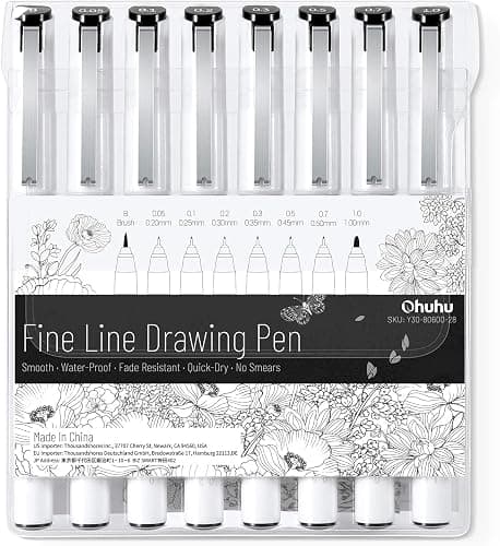 Ohuhu Fineliner Pens Micro Drawing Pens: 8-size Tips (Ultra-fine, Fine & Brush) Waterproof Pigment Black Ink for Illustration Drawing Journaling Sketching for Artist Beginners - Image 1
