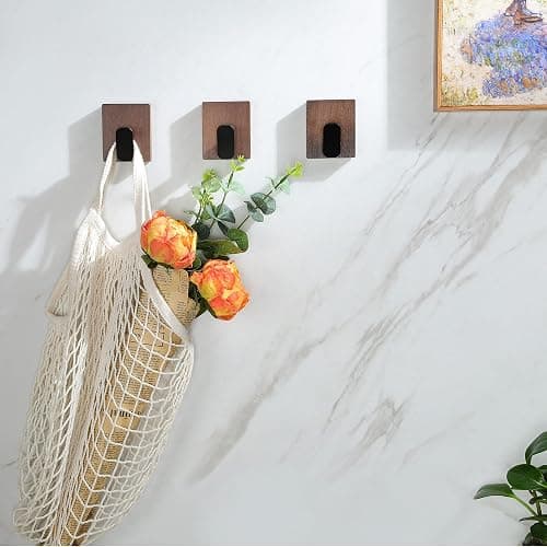 DELITON Adhesive Towel Hooks,Wall Hooks for bathrooms Without Drilling, Wood Wall Hooks for Hanging Robe, Towel, Bag Stick on Farmhouse Bathroom Bedroom Entryway 4 Packs Burned Brown thumbnail 7