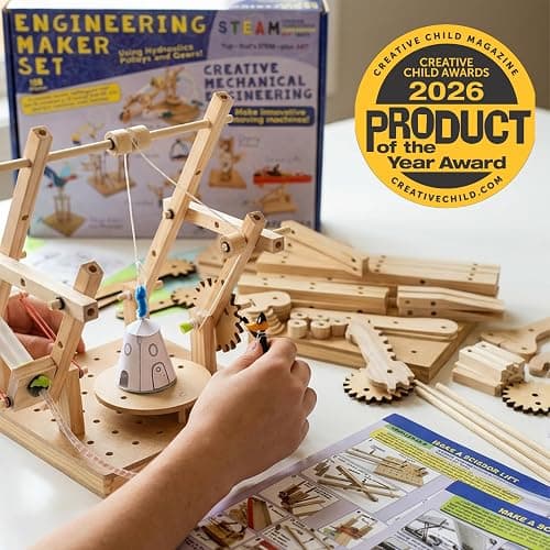 PATHFINDERS Engineering Maker Set — Real Wood STEM Building Kit | Hydraulics, Gears, Levers & Pulleys | 10 Challenges + 15 Challenge Cards | Ages 8+ thumbnail 2