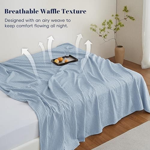 PHF Lightweight Waffle Weave Blanket Queen Size, Breathable & Ultra Soft, 90"x 90" Soft & Cozy Thin Blanket for Spring & Summer & Hot Sleepers, Bed, Home Decor - Sky Blue thumbnail 4