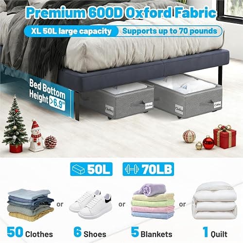 Under Bed Storage with Wheels, 2-Pack 6.7" Height XL 50L Rolling Storage Bins, Quick Assembly Underbed Shoe Storage Containers with Clear Lid & Label, Dorm Under bed Drawers for Clothes, Shoes, Grey thumbnail 2