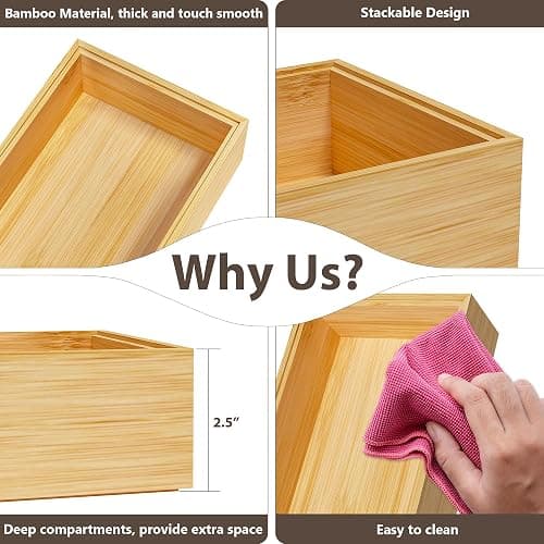 Greatseas Kitchen Drawer Organizer Tray, Stackable Bamboo Deep Drawer Organizer for Large Silverware, Utensils, Cutlery, Flatware,Junk Drawer, Dresser, Bathroom, 17" x 6" x 2.5" (Set of 2) thumbnail 9