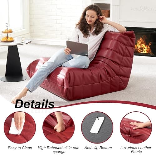 Hobestluk Giant Bean Bag Chair Lazy Floor Sofa, Memory Foam Fireside Sofa for Adults, Big Beanbag Faux Leather Armless Chair for Living Room Bedroom Dorm Office (WineRed, Single) thumbnail 3