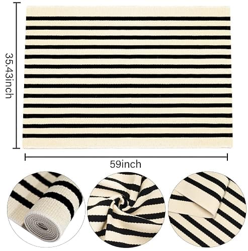 Front Door Mat Outdoor 24'' x 35'' Black and Beige Striped Outdoor Rug Cotton Woven Washable Entryway Rug Small Area Rug for Front Porch/Laundry Room/Bathroom thumbnail 2