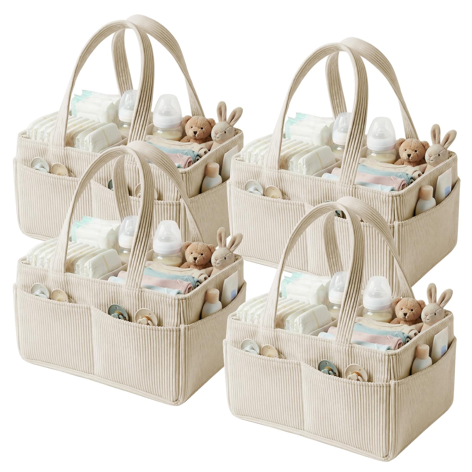4Pcs Baby Nappy Caddy Organiser Portable Corduroy Diaper Caddy Storage Basket with Handle for Newborn Essentials, Baby Shower and Diaper Station Sand (Beige, 4Pack) - Image 1