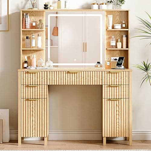 Vanity Desk with Large 27.2" Mirror and Lights 47.2" Fluted Makeup, 5 Drawer Vanity with Power Strip, 4 Open Shelves, 2 Cabinet, Modern Bedroom Vanity Featuring Visual Transparent Glass. Wood thumbnail 8