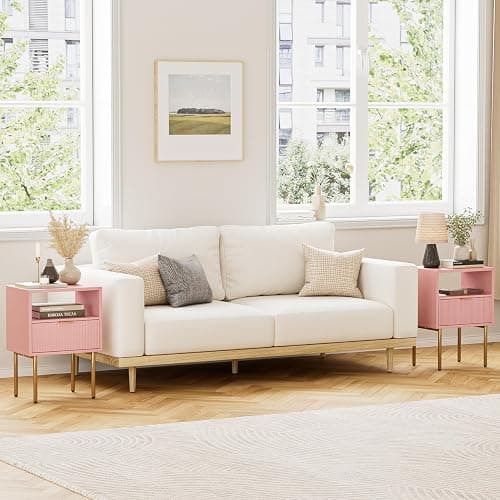 Masupu Night Stand,Mid-Century Modern Bedside Table with Storage Drawer and Open Wood Shelf,Small Gold Frame Side Table for Bedroom,Living Room, Pink thumbnail 5