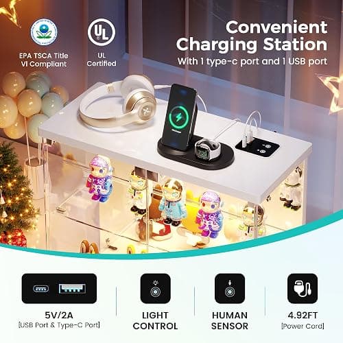 Dystler Lighted Clear Glass Display Case - for Figures & Collectibles, Small 2-Tier Display Cabinet with Charging Station, LED Display Box with Lights & Human Sensor, for Model Car, Perfume, White thumbnail 6