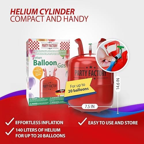 Party Factory – Helium Tank - 1x 140 liters for up to 20 assorted balloons (latex, LED & foil) – Party birthday decoration disposable gas cylinder – bendable filling valve – For decorative occasions thumbnail 4
