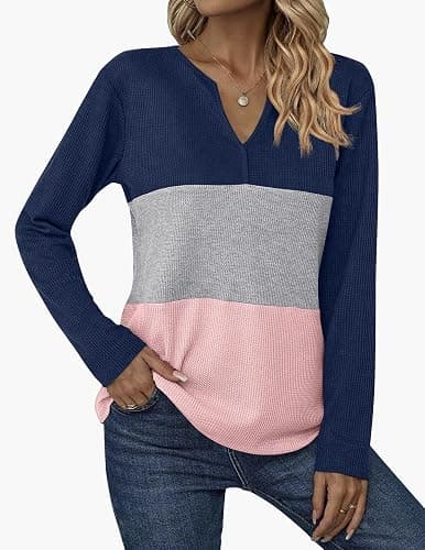 Zeagoo Women's Waffle Shirts V Neck Long Sleeve Tops Color Block T-Shirts Casual Pullover Tunics 2025 Fashion Basic Tees thumbnail 2