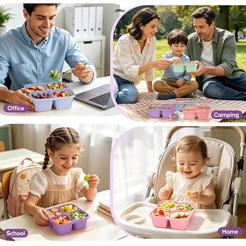 TIME4DEALS 4 Pack Divided Snack Containers, Reusable 4 Compartment Snack Containers Bento Box with 2Pcs Sauce Containers, BPA-Free Meal Prep Lunch Containers for Kids & Adults (School, Work, Travel) thumbnail 6