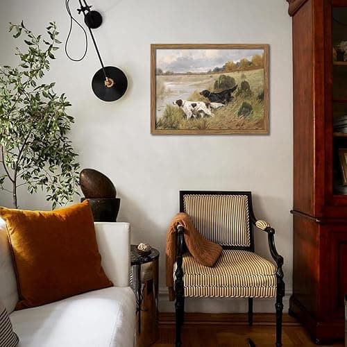 Wood Framed Vintage Dog Wall Art, Retro Country Hunting Dog Animal Canvas Wall Decor Paintings, Antique Rustic Farmhouse River Landscape Posters Prints Pictures for Living Room Gallery 16x24 Inch thumbnail 8