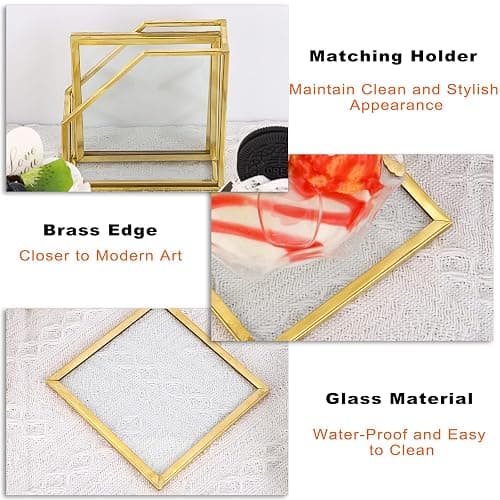 JuxYes Set of 7 Glass Coasters with Holder, Gold Elegant Cup Coasters for Coffee, Tea, Wine - Square Brass Edge Glass Mats for Coffee Table thumbnail 4