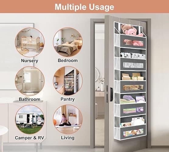 2 Packs 5-Tier Over the Door Storage Organizer with 10 Side Mesh Pockets, 48 lbs Load Capacity, 3 Hooks Design, Hanging Organizer with Clear Windows for Bathroom, Bedroom, Nursery, Kitchen-Grey - 2 Pack - Grey thumbnail 7