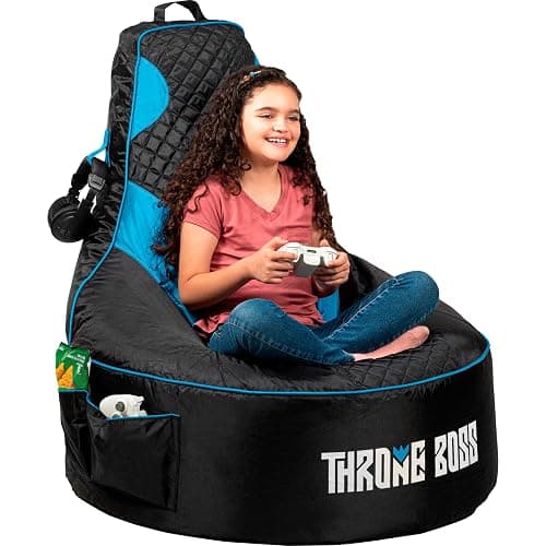Throne Boss Gaming Bean Bag Chair for Kids with High Back – Floor Gaming Chair, Easy to Clean Oxford 420D Fabric, Large Side Pockets, Headphone Hanger – Cover ONLY Add 200 Liters Beans (Blue) - Image 1