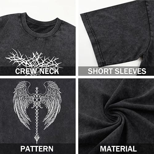 BeWithYou Vintage Goth Shirt for Men Oversized Gothic Y2k Graphic Tees Punk Grunge Streetwear Skull Cross Acid Wash Tshirts thumbnail 6