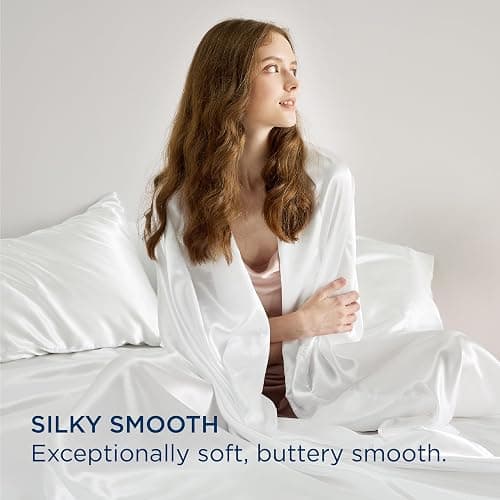 Bedsure White Satin Sheets Queen Size - 4 Piece Silky Bedsheets with 15 Inches Deep Pocket Fitted Bedsheet,1 Flat Sheet, 2 Satin Pillowcases, Good for Hair & Skin (Queen, White) thumbnail 2