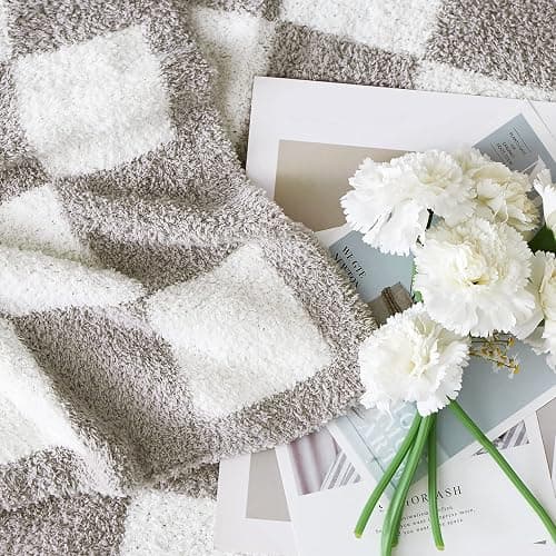 WRENSONGE Soft Checkered Throw Blanket for Couch-Cozy Warm Knitted Blankets | Lightweight Warm Fluffy Decor for Women, Mom, Her & Girls, Sofa, Chair, Bed, 50x70in,Light Grey thumbnail 5