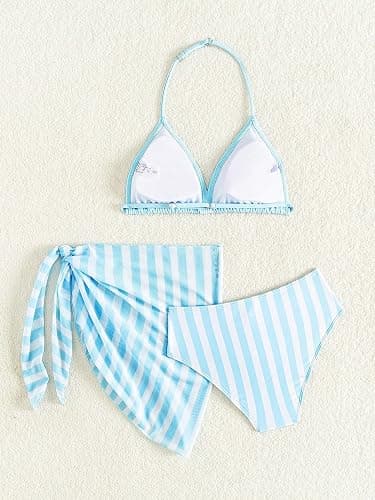 SEGT Girl's 3 Piece Striped Bikini Swimwear Cute Swimsuits Bathing Suit High Waisted with Cover Up Beach Skirt thumbnail 2
