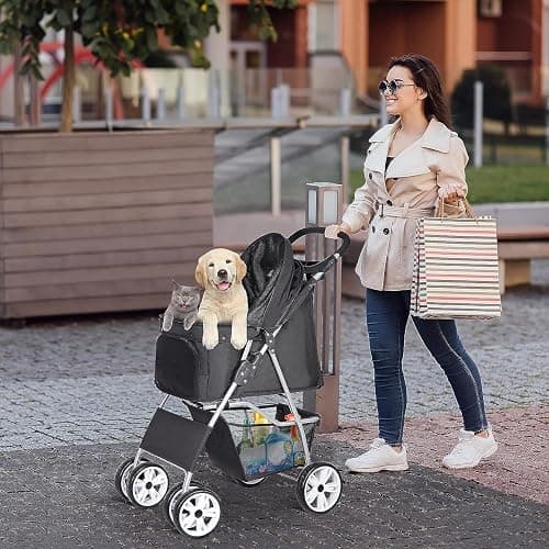 ZENY Foldable Pet Stroller, Cat/Dog Stroller with 4 Wheel, Pet Travel Carrier Strolling Cart with Storage Basket, Cup Holder (Black) thumbnail 9