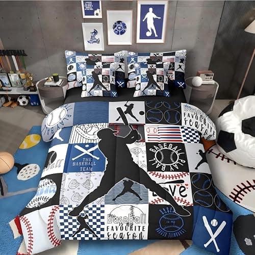 Sports Comforter Set 7-Piece Bed in a Bag Twin Bedding Sets for Boys,Geometric Grid Black Patchwork Baseball Bedding Sets Ball Player Games Comforter and Sheet Set,European Sport Softball Bed Set,Blue - Image 1