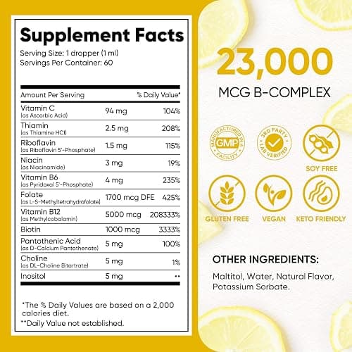 Venture Pal Vitamin B Complex Liquid Drops, B12 Methylcobalamin | B9 Folic | B1,B2,B3,B5,B6,B7 - Vitamin C, Choline, Inositol, Immune & Energy Metabolism, Brain & Heart Support thumbnail 9