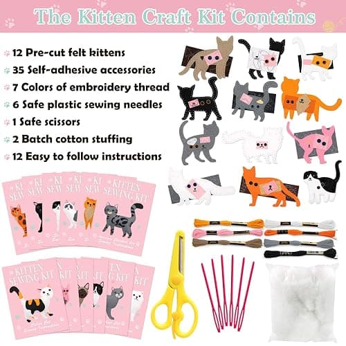 CiyvoLyeen Kitten Craft Kit Kids DIY Crafting and Sewing Set Kitty Cat Stuffed Animal Felt Plushies for Girls and Boys Educational Beginners Sewing Gift Ideas thumbnail 4
