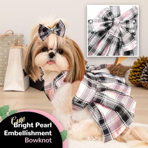 PETCARE Cute Dog Dress Clothes for Small Dogs Cats Girl Female Pink Plaid Bow Tie Dog Harness Dresses Leash Set with Pearls Bow Accessories Birthday Puppy Dress Shih Tzu Yorkies Chihuahua Outfits thumbnail 5