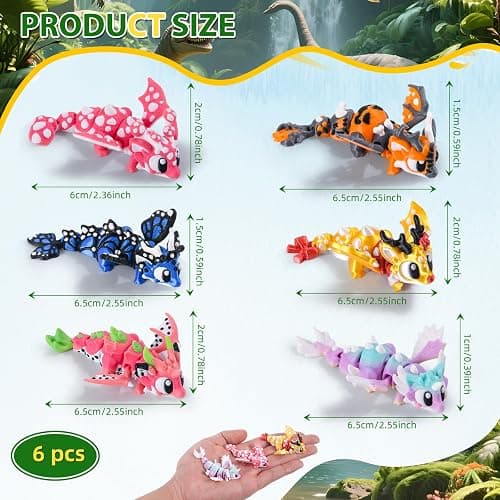 Articulated Baby Dragon Figures Set of 6 3D Printed Mini Dragon Toys | 6 pcs articulated baby dragons, 3D printed flexible mini dragon toys thumbnail 3