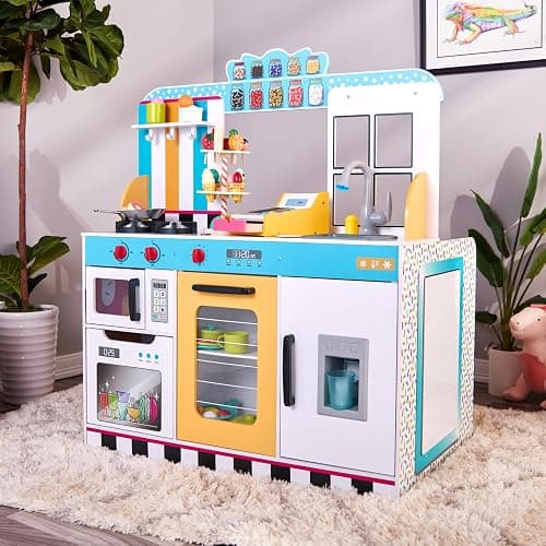 Lil' Jumbl Wooden Ice Cream Parlor Playset, Interactive Diner Set, Ages 3+ | Lets kids run a pretend dessert shop with cash register, freezer, sink, and menu boards for imaginative fun. thumbnail 2