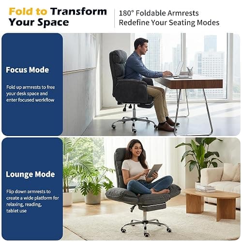 Big and Tall Office Chair with 90-180° Flip Armrests, 400lbs Ergonomic Computer Gaming Chair for Cross Legged Sitting, 155° Recline & Foot Rest - Wide Desk Task Chair for Home Office, Vanity, Study thumbnail 5