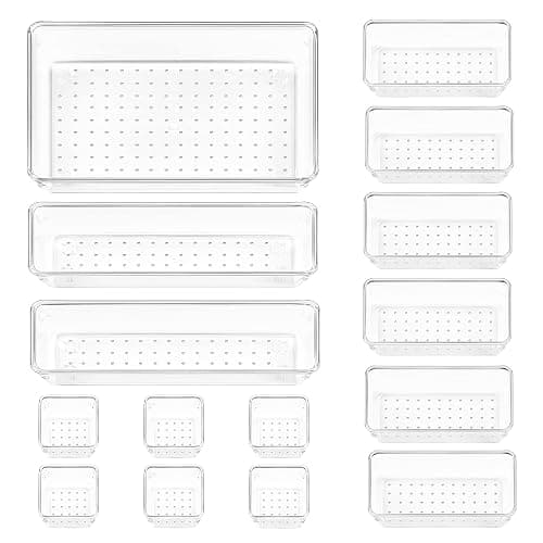 Vtopmart 15 PCS Clear Plastic Drawer Organizers Set, 4-Size Versatile Bathroom and Vanity Organizer Trays, Non-Slip Storage Containers for Makeup, Jewelries, Bedroom，Kitchen Utensils and Office - Image 1