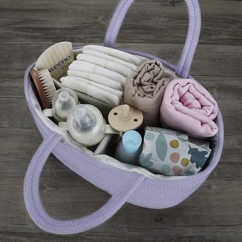 XUANGUO Cotton Rope Baby Diaper Caddy Organizer for Girls Purple Lavender | Nursery Storage Bin, Portable Baby Tote Bag for Changing Table or Car, Baby Shower Gifts Bag, Newborn Essentials, Registry thumbnail 6