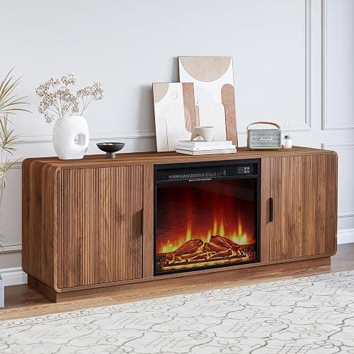BERRYMERRY 60inch Fireplace TV Stand with 23" Electric Fireplace Heater,Mid Century Modern Fluted Entertainment Center for TVs Up to 75" for Living Room, Bedroom (Brown with Fireplace) thumbnail 7