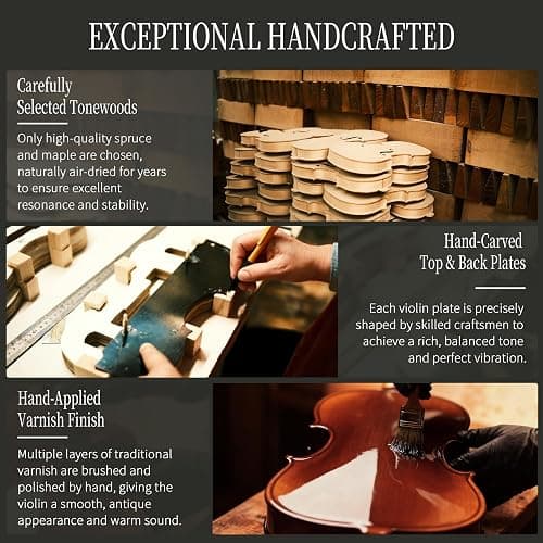 AKLOT Handcrafted Full Size Violin: Solid Wood Matte Fiddle, Acoustic Beginner 4/4 Violin Kit with Hard Case, Lesson Book, Bow, Shoulder Rest, Extra Strings, Tuner, Fretboard Stickers (VRT-AmiMS) thumbnail 5