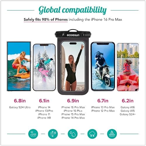 Eco Sun Waterproof Phone Pouch & Floating Wrist Strap Bundle (2-Pack Each) – Waterproof Phone Case + Float Strap – Travel & Beach Essentials Designed in Hawaii – Fits iPhone 17 Pro Max, GoPro, Cameras thumbnail 4